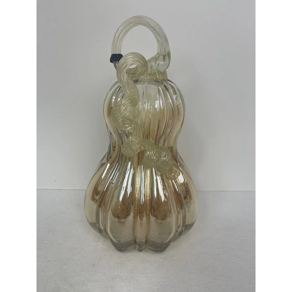 Tahari Home Glass Pumpkin Gourd Champagne Amber Ribbed Luster Fall Decor NEW